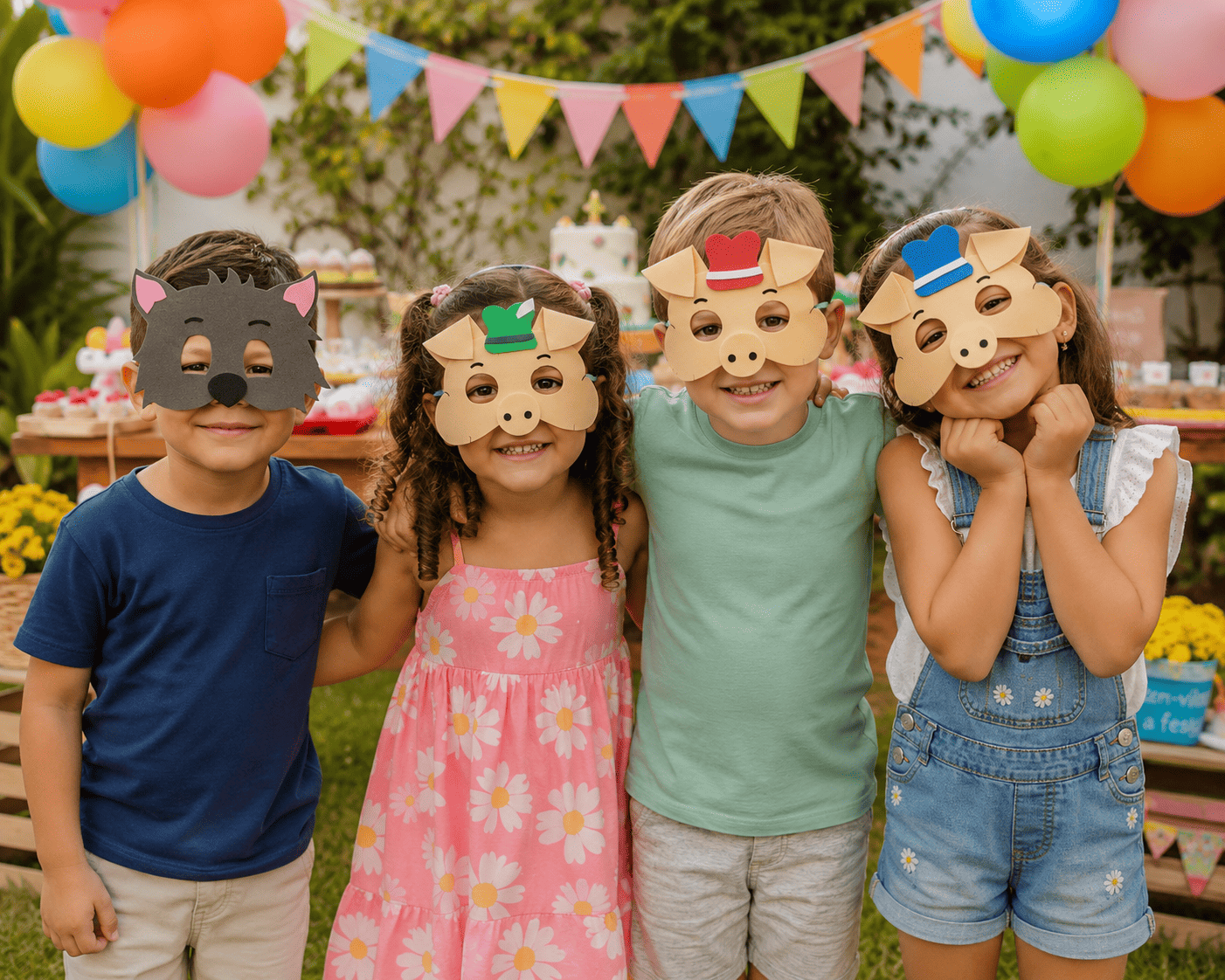 Máscaras 3 Porquinhos E Lobo Mal Em Eva Para Lembrancinha De Festa Infantil Com 10 Unidades - Imagem 2