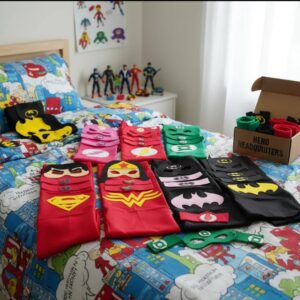 Kit Lembrancinha Liga Da Justiça Com Máscara, 2 Braceletes Em Eva E Capa De TNT Para Festa Infantil Com 10 Unidades